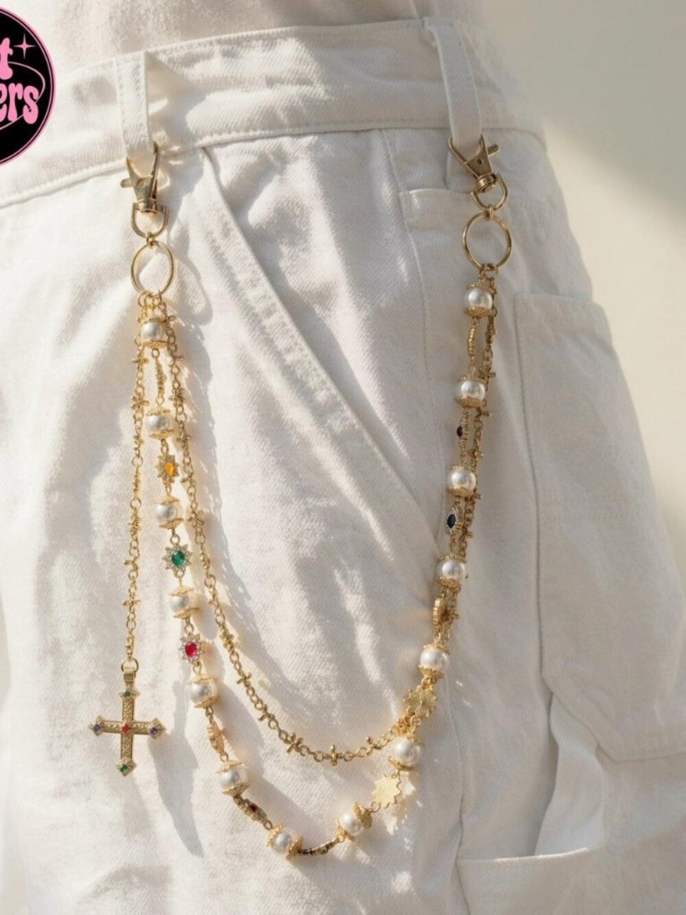 Y2k 2000s style gold chain belt with faux pearls and cross pendant